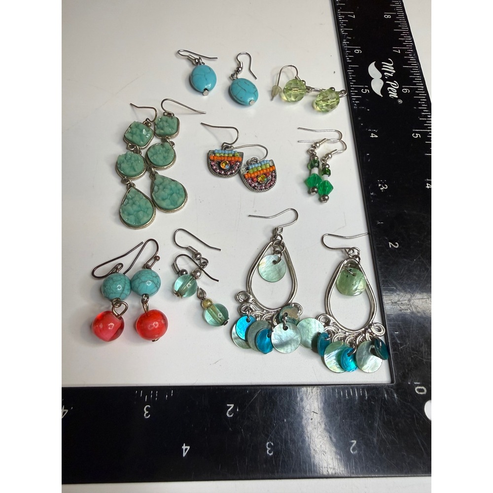 8 Pair Fashion Earring Lot Turquoise Color Abalone Shell Beaded Boho Dangle Set